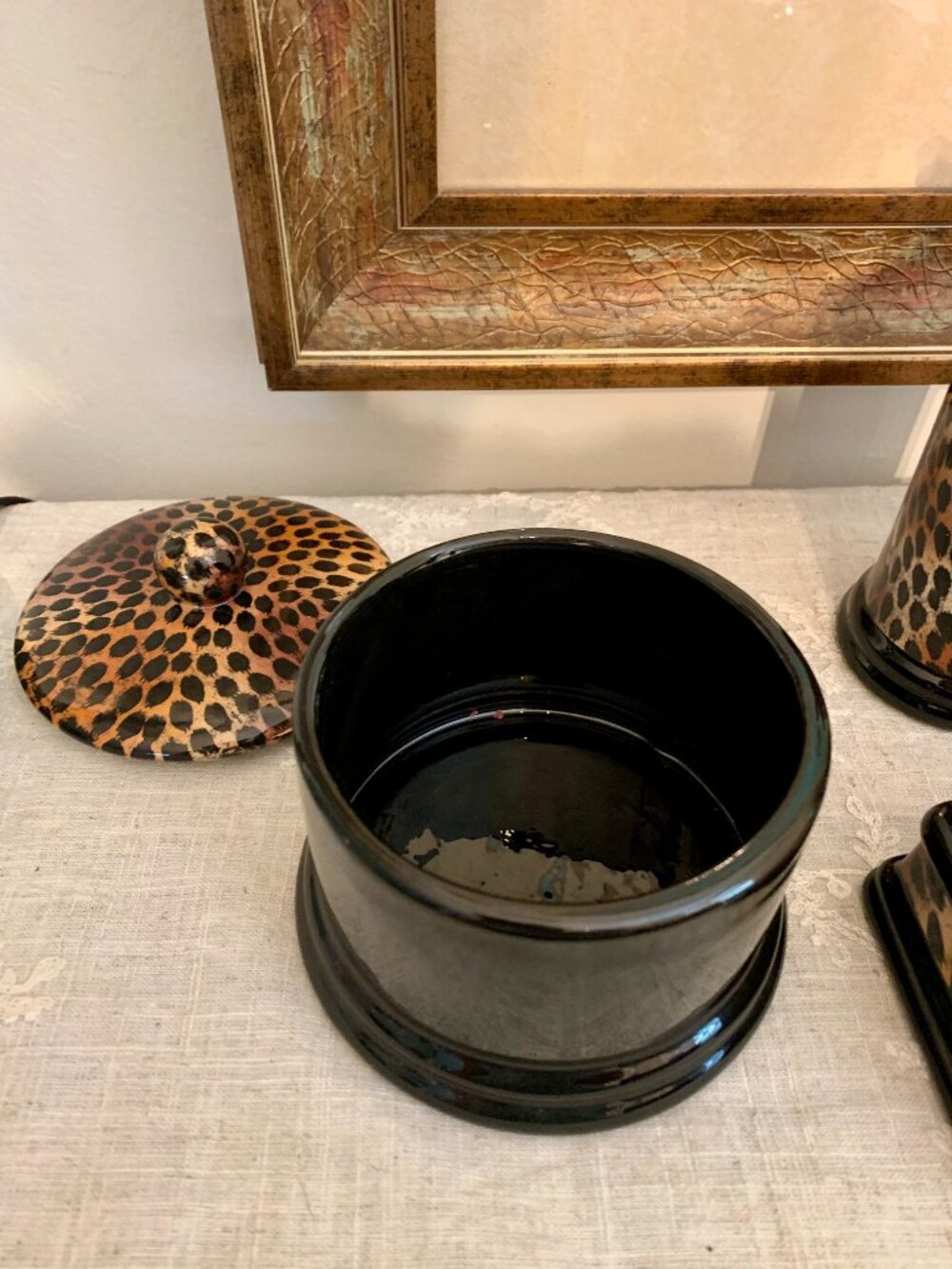 Leopard Print 4 Pc Bathroom Accessories Vintage Indian Ink Hand Painted Ceramic - Picture 2 of 11
